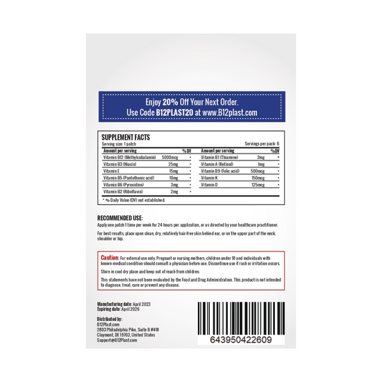 B12Plast Transdermal Vitamin B12 Patch 5000mcg plus 10 Essential Vitam
